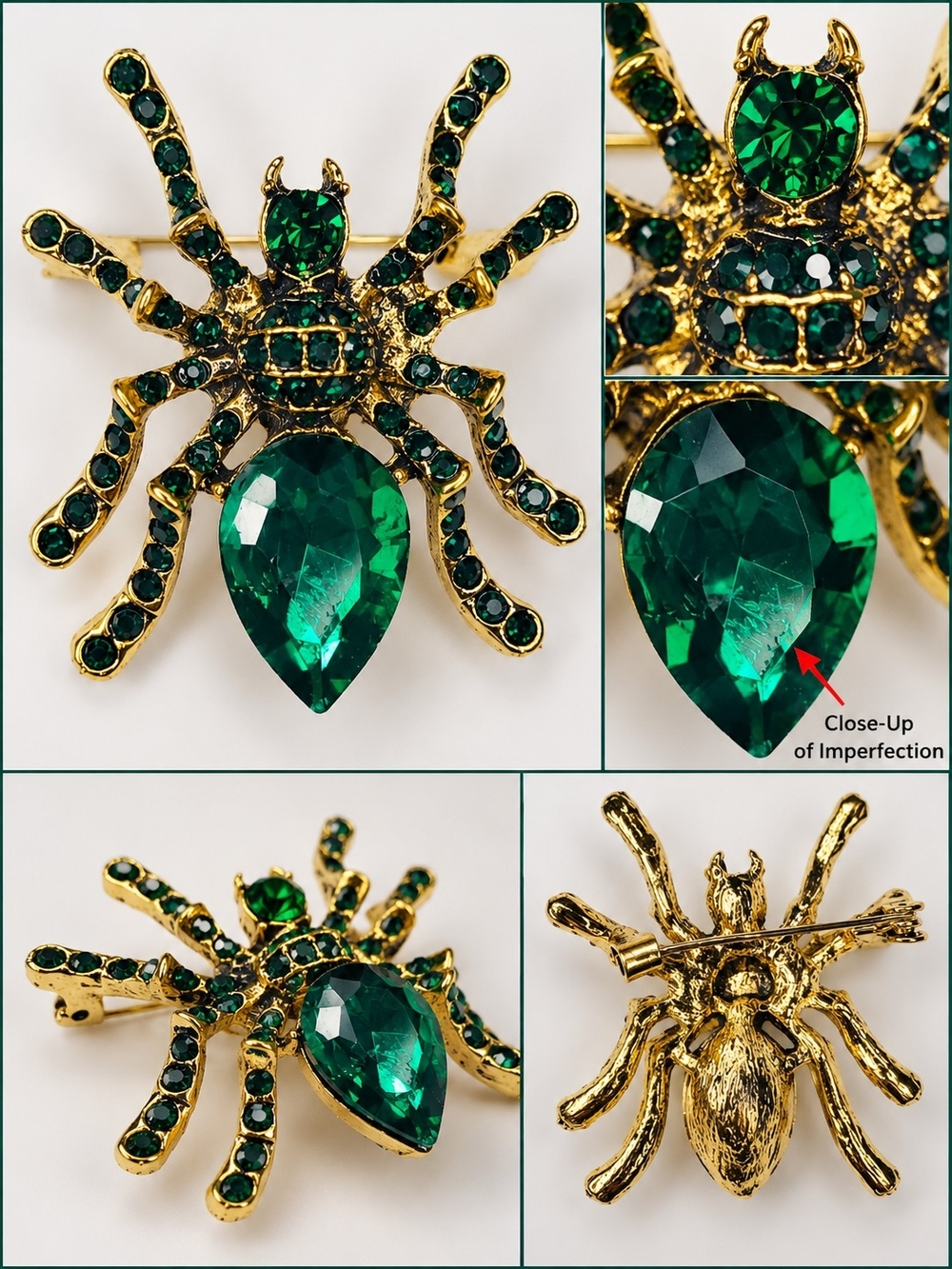 Emerald Green Rhinestone Spider Statement Brooch
